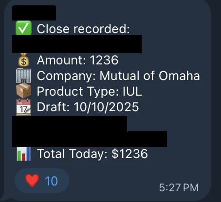 Redacted IUL sale posted in an agency sales chat