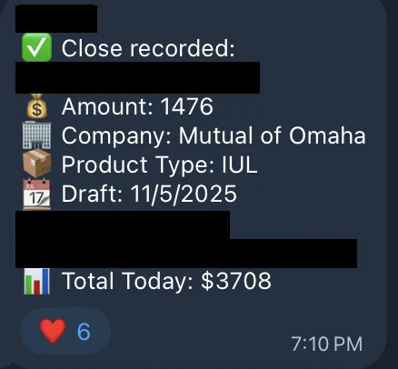 Redacted IUL sale posted in an agency sales chat
