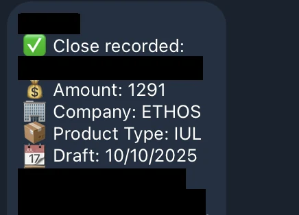 Redacted IUL sale posted in an agency sales chat