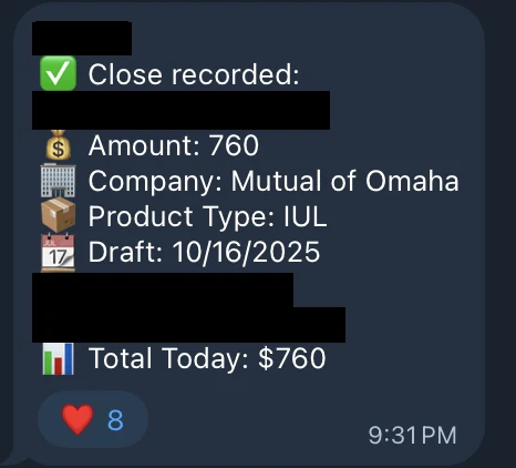 Redacted IUL sale posted in an agency sales chat