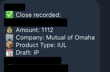 Redacted IUL sale posted in an agency sales chat