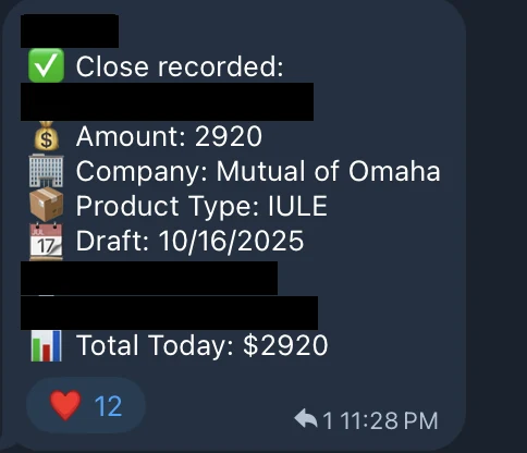 Redacted IUL sale posted in an agency sales chat