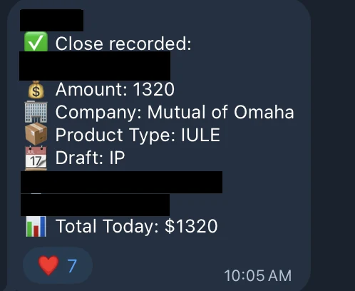 Redacted IUL sale posted in an agency sales chat