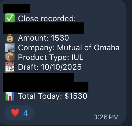 Redacted IUL sale posted in an agency sales chat