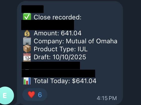 Redacted IUL sale posted in an agency sales chat