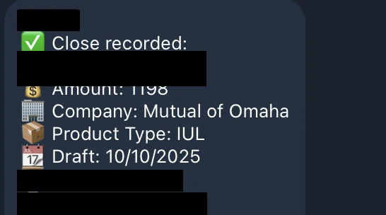 Redacted IUL sale posted in an agency sales chat
