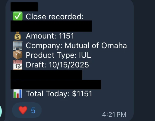 Redacted IUL sale posted in an agency sales chat