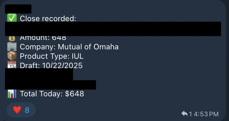 Redacted IUL sale posted in an agency sales chat