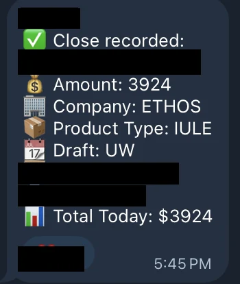 Redacted IUL sale posted in an agency sales chat
