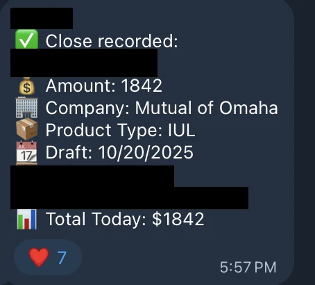 Redacted IUL sale posted in an agency sales chat