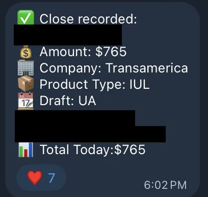 Redacted IUL sale posted in an agency sales chat