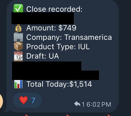 Redacted IUL sale posted in an agency sales chat