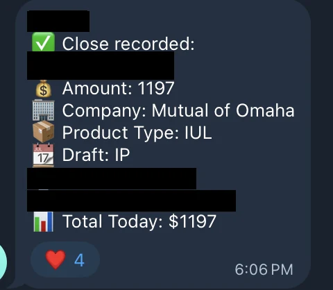 Redacted IUL sale posted in an agency sales chat