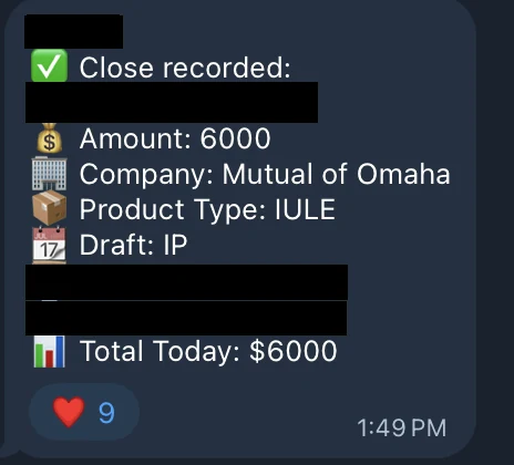 Redacted IUL sale posted in an agency sales chat