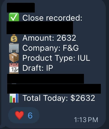 Redacted IUL sale posted in an agency sales chat