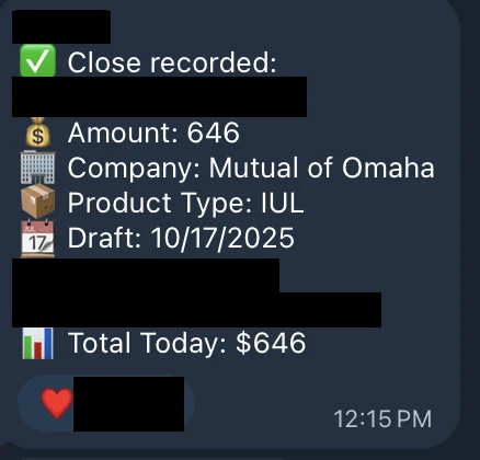 Redacted IUL sale posted in an agency sales chat