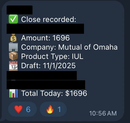 Redacted IUL sale posted in an agency sales chat