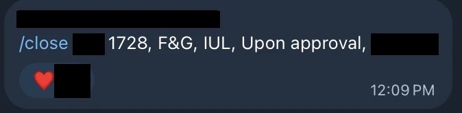 Redacted IUL sale posted in an agency sales chat
