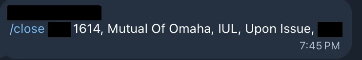 Redacted IUL sale posted in an agency sales chat