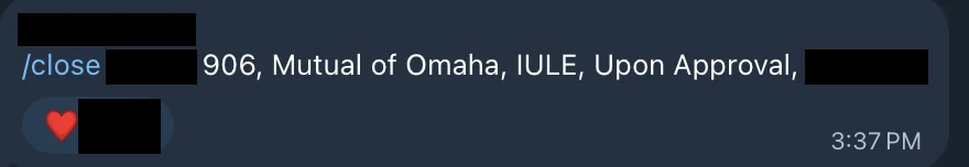 Redacted IUL sale posted in an agency sales chat