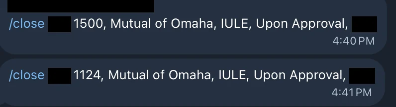 Redacted IUL sale posted in an agency sales chat