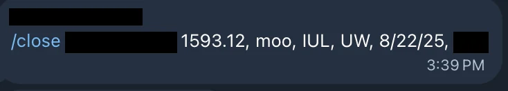 Redacted IUL sale posted in an agency sales chat