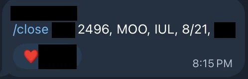 Redacted IUL sale posted in an agency sales chat