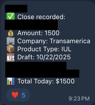 Redacted IUL sale posted in an agency sales chat