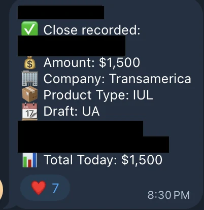 Redacted IUL sale posted in an agency sales chat