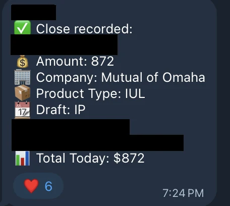 Redacted IUL sale posted in an agency sales chat