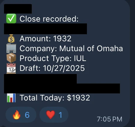 Redacted IUL sale posted in an agency sales chat