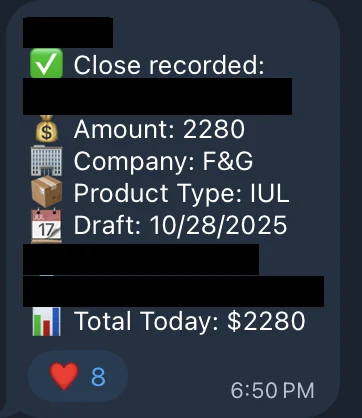 Redacted IUL sale posted in an agency sales chat
