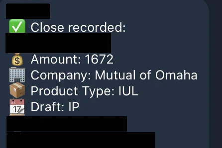 Redacted IUL sale posted in an agency sales chat