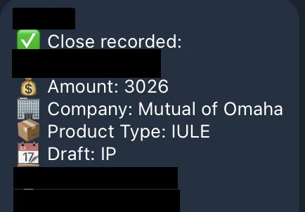 Redacted IUL sale posted in an agency sales chat