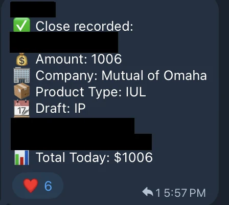 Redacted IUL sale posted in an agency sales chat