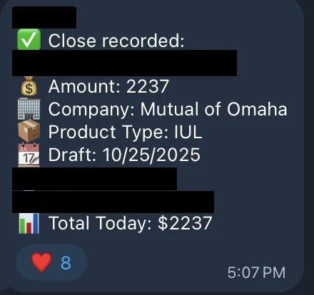 Redacted IUL sale posted in an agency sales chat