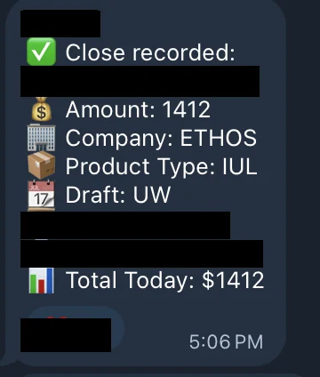 Redacted IUL sale posted in an agency sales chat
