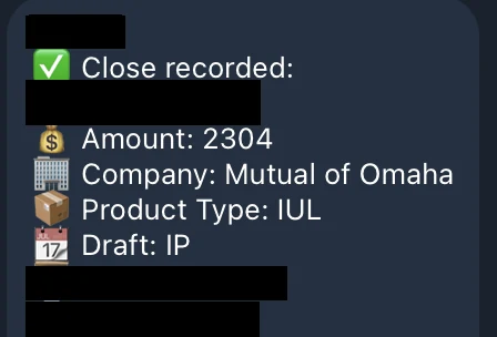 Redacted IUL sale posted in an agency sales chat