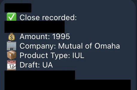 Redacted IUL sale posted in an agency sales chat