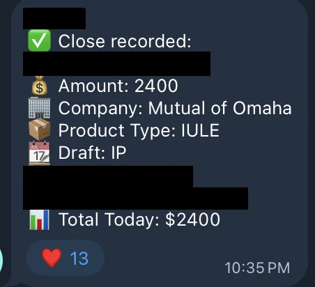 Redacted IUL sale posted in an agency sales chat