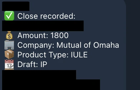 Redacted IUL sale posted in an agency sales chat