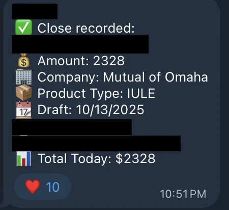 Redacted IUL sale posted in an agency sales chat