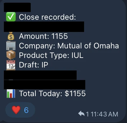 Redacted IUL sale posted in an agency sales chat