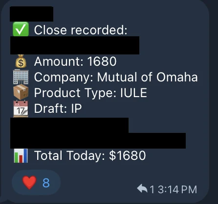 Redacted IUL sale posted in an agency sales chat