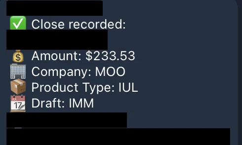 Redacted IUL sale posted in an agency sales chat