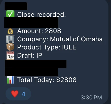 Redacted IUL sale posted in an agency sales chat