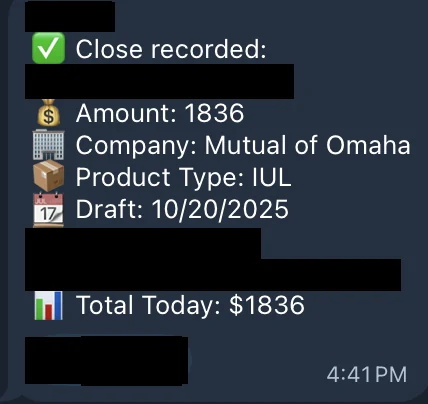 Redacted IUL sale posted in an agency sales chat
