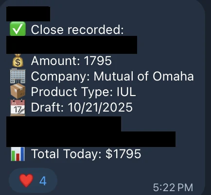 Redacted IUL sale posted in an agency sales chat