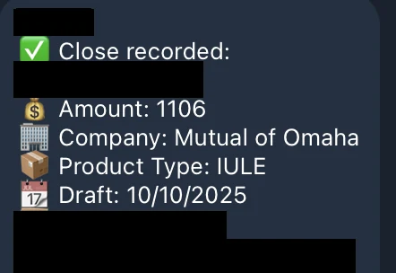 Redacted IUL sale posted in an agency sales chat