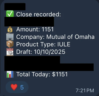 Redacted IUL sale posted in an agency sales chat